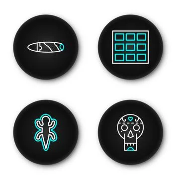 Set line Mexican skull, Lizard, Chocolate bar and Cigar icon. Vector Illustrazione stock