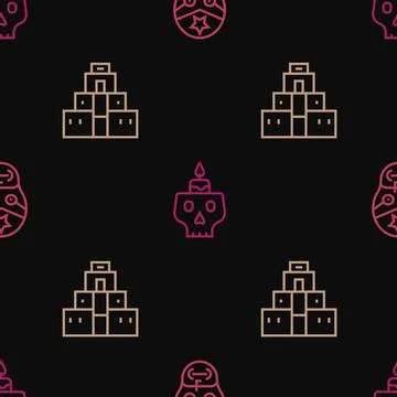 Set line Mexican wrestler, Chichen Itza in Mayan and Burning candle on skull on Stock Illustration