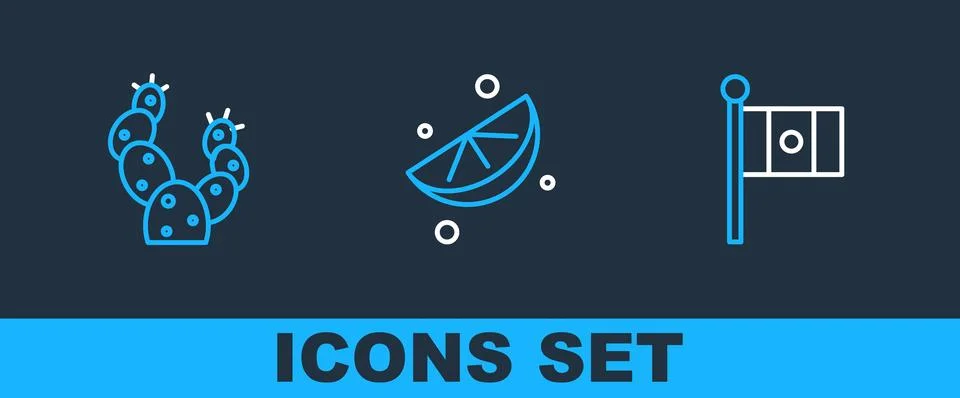 Set line Mexico flag, Cactus and Sliced lime icon. Vector Stock Illustration