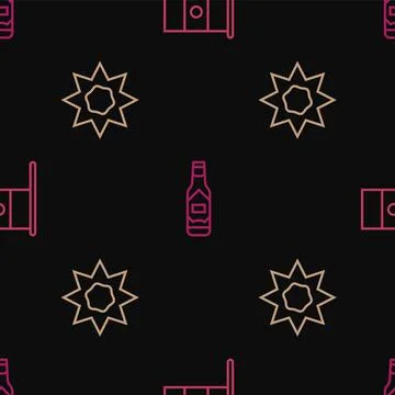 Set line Mexico flag, Sun and Tabasco sauce on seamless pattern. Vector Stock Illustration