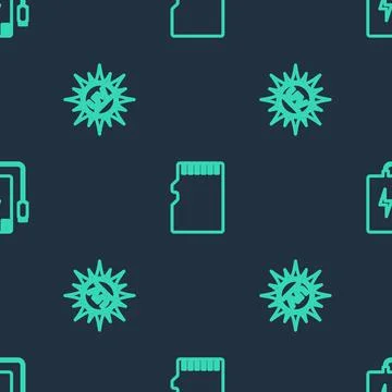 Set line Micro SD memory card, UV protection and Power bank on seamless pattern Illustrazione stock