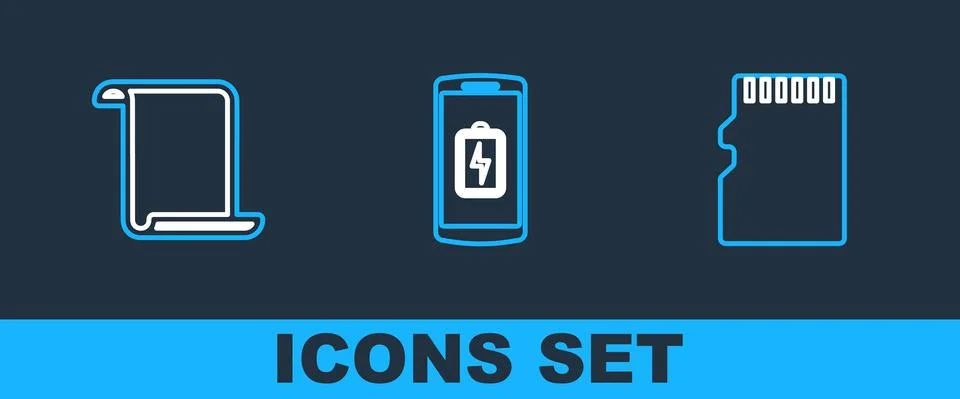 Set line Micro SD memory card, Paper scroll and Smartphone with heart rate icon Stock Illustration