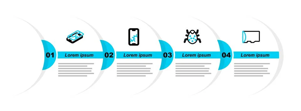 Set line Micro SD memory card, System bug, Mobile with broken screen and icon Illustrazione stock