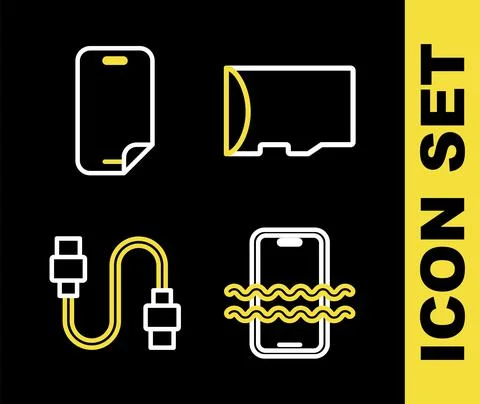 Set line Micro SD memory card, Waterproof phone, USB cable cord and Glass screen Stock Illustration