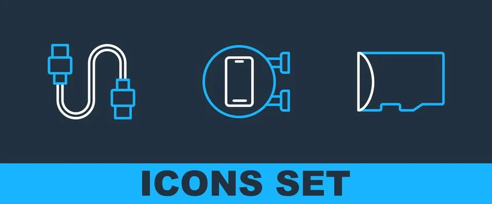 Set line Micro SD memory card, USB cable cord and Phone repair service icon.  Stock Illustration