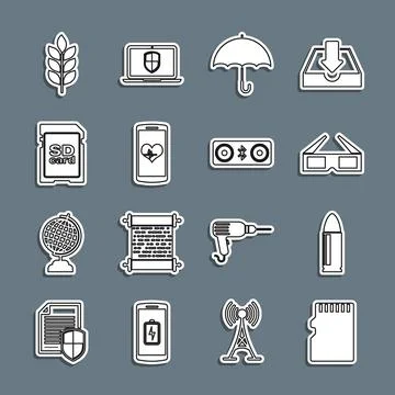 Set line Micro SD memory card, Bullet, 3D cinema glasses, Umbrella, Smartphone Stock Illustration