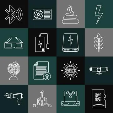 Set line Micro SD memory card, Diploma rolled scroll, Wheat, Shit, Power bank Stock Illustration