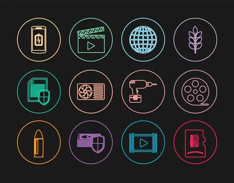Set line Micro SD memory card, Film reel, Earth globe, Air conditioner, Doc.. Illustrazione stock