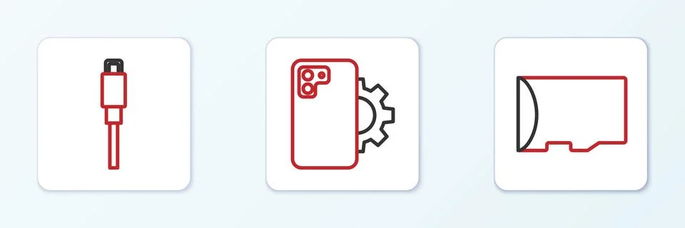 Set line Micro SD memory card, USB cable cord and Phone repair service icon.. Stock Illustration