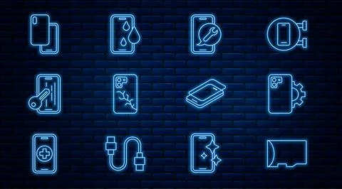 Set line Micro SD memory card, Phone repair service, Mobile, with broken sc.. 库存插图