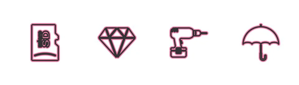 Set line Micro SD memory card, Drill machine, Diamond and Umbrella icon. Vect Stock Illustration