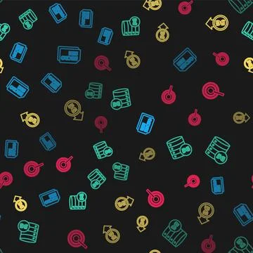 Set line Micro Sim Card, Server 5G network,  and Antenna on seamless pattern. イラスト素材
