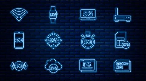 Set line Micro Sim Card, 5G, Laptop with network, Mobile, Wi-Fi wireless Stock Illustration