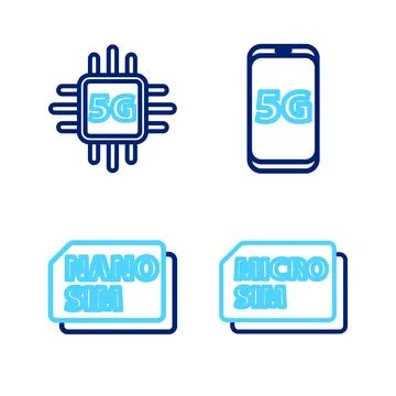 Set line Micro Sim Card Nano Mobile with 5G network and Processor icon. Vecto Stock Illustration