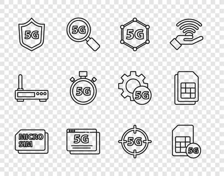 Set line Micro Sim Card, 5G, network, Protective shield, Digital speed mete.. Stock Illustration