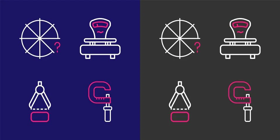 Set line Micrometer, Drawing compass, Scales and Circle of pieces icon. Vecto Stock Illustration