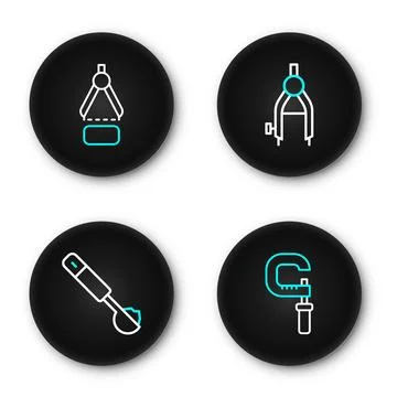 Set line Micrometer, Measuring spoon, Drawing compass and  icon. Vector Stock Illustration