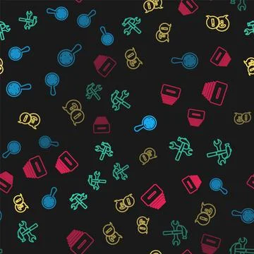 Set line Microorganisms under magnifier, Crossed hammer and wrench, Question Stock Illustration