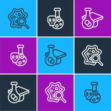 Set line Microorganisms under magnifier, Graduation cap and Test tube with to Stock Illustration