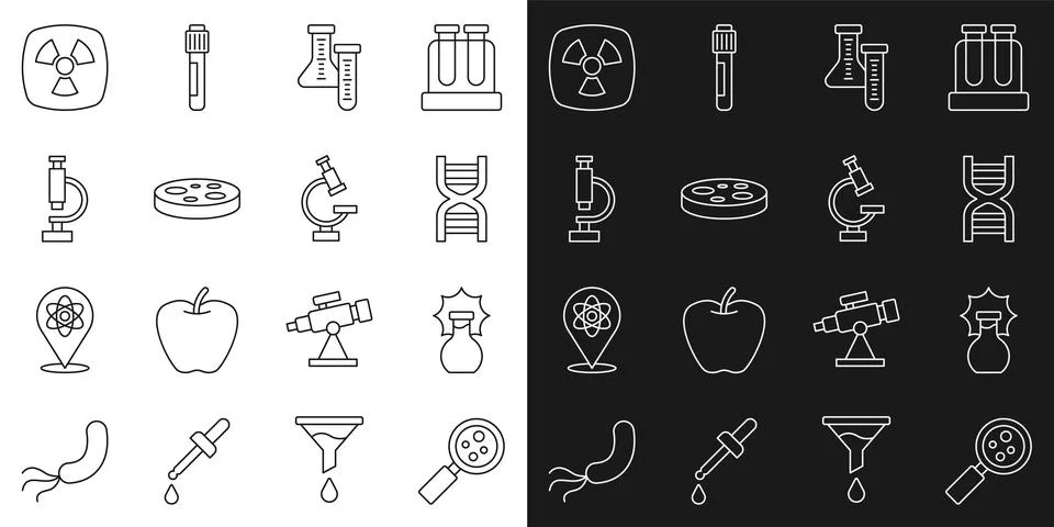 Set line Microorganisms under magnifier, Explosion in the flask, DNA symbol.. Stock Illustration