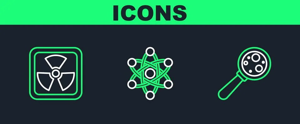 Set line Microorganisms under magnifier, Radioactive and Atom icon. Vector 스톡 일러스트