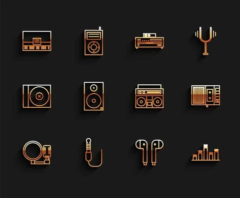 Set line Microphone, Audio jack, Piano, Air headphones, Music equalizer, Stereo Stock Illustration