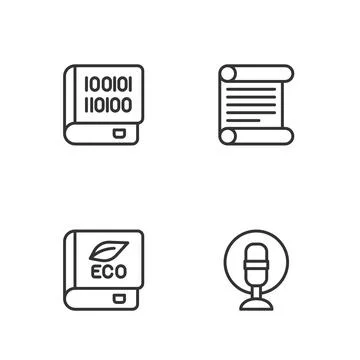 Set line Microphone, Book about ecology, Books programming and Decree, parchment Illustration