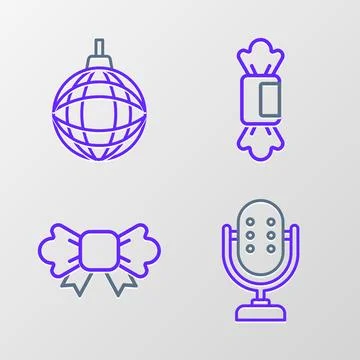 Set line Microphone, Bow tie, Candy and Disco ball icon. Vector Stock Illustration