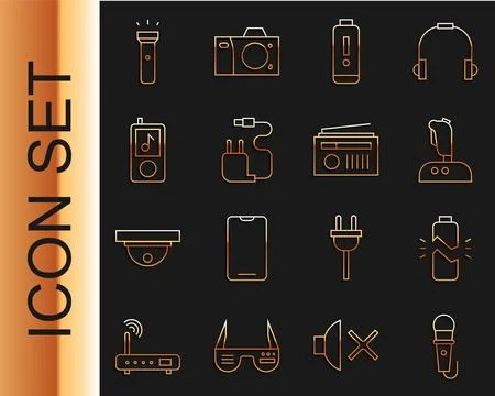 Set line Microphone, Broken battery, Joystick for arcade machine, Battery charge Stock Illustration