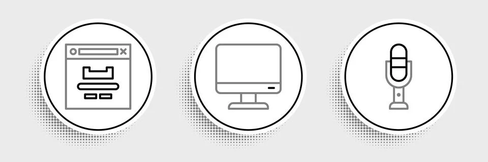Set line Microphone, Browser window and Computer monitor screen icon. Vector Stock Illustration