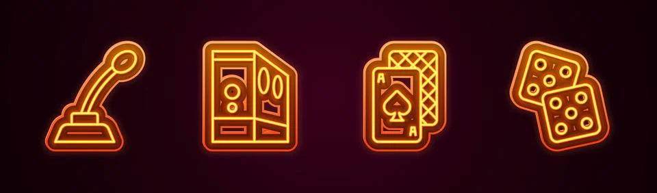 Set line Microphone, Case of computer, Playing cards and Game dice. Glowing neon Stock Illustration
