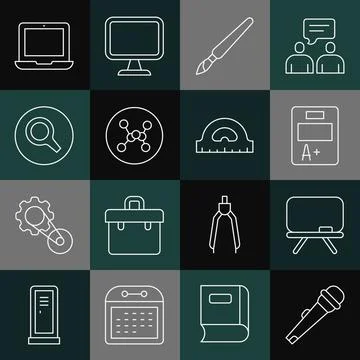Set line Microphone, Chalkboard, Exam sheet with A plus grade, Paint brush Illustrazione stock