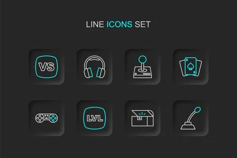 Set line Microphone, Chest for game, Level, Game controller joystick, Playi.. Illustrazione stock