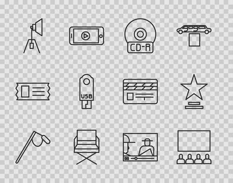 Set line Microphone, Cinema auditorium with screen, CD DVD disk, Director m.. Stock Illustration