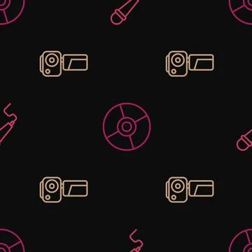 Set line Microphone, Cinema camera and CD or DVD disk on seamless pattern Stock Illustration