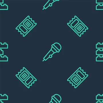 Set line Microphone, Circus ticket and Toy building block bricks on seamless  Ilustración de archivo