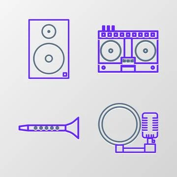 Set line Microphone, Clarinet, DJ remote for playing and mixing music and S.. Stock Illustration