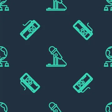 Set line Microphone, Computer keyboard and network on seamless pattern. Vecto Illustrazione stock