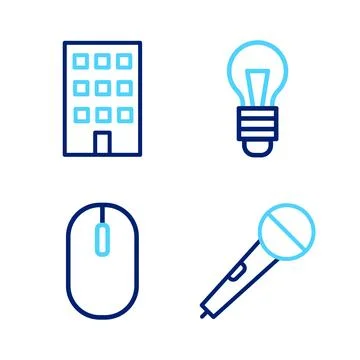 Set line Microphone, Computer mouse, Light bulb and House icon. Vector Ilustración de archivo