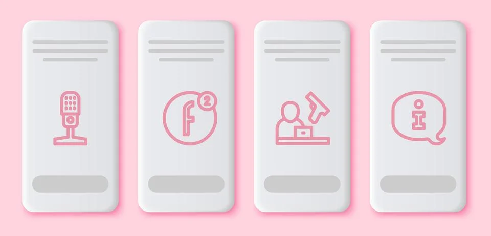 Set line Microphone, Create account, Crime news and Information. White rectangle Illustrazione stock