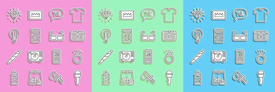 Set line Microphone, Diamond ring, Retro audio cassette tape, Yo slang lettering Stock Illustration