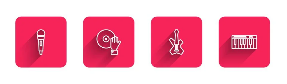 Set line Microphone, DJ playing music, Electric bass guitar and Music synth.. Stock Illustration
