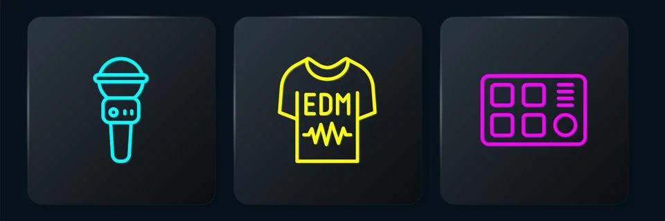 Set line Microphone, Drum machine and T-shirt. Black square button. Vector Stock Illustration