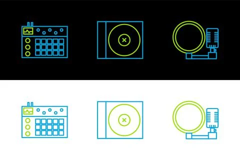 Set line Microphone, Drum machine and CD or DVD disk icon. Vector Illustrazione stock