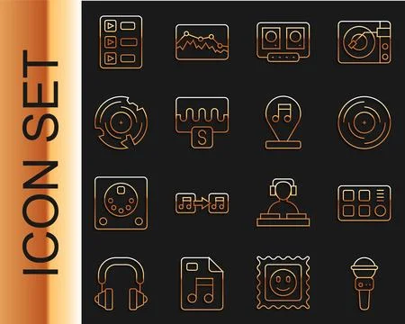 Set line Microphone, Drum machine, Vinyl disk, DJ remote and mixing music, .. Illustrazione stock