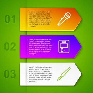 Set line Microphone, Exam paper with incorrect answers and Paint brush. Bus.. Stock Illustration