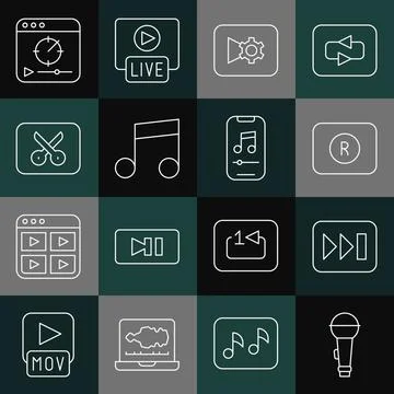 Set line Microphone, Fast forward, Record button, Music video settings, note Stock Illustration