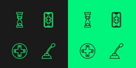 Set line Microphone, Game controller or joystick, Old hourglass and Mobile ga Stock Illustration