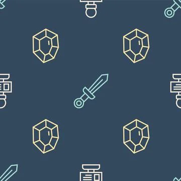 Set line Microphone, Gem stone and Medieval sword on seamless pattern. Vector Stock Illustration