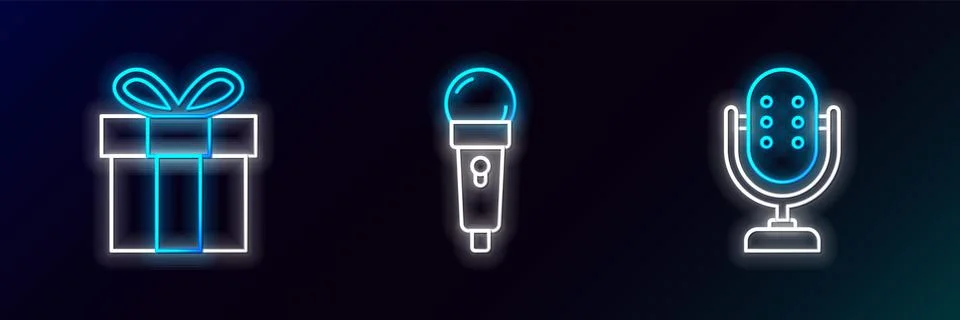 Set line Microphone, Gift box and  icon. Glowing neon. Vector Stock Illustration